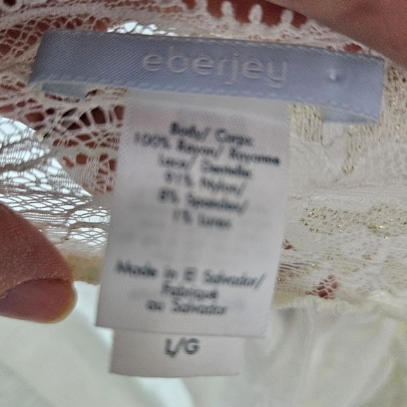 Eberjey Short Nightgown Chemise Lace Angel Sleeves Rayon Satin Cream Ivory L - Picture 4 of 4